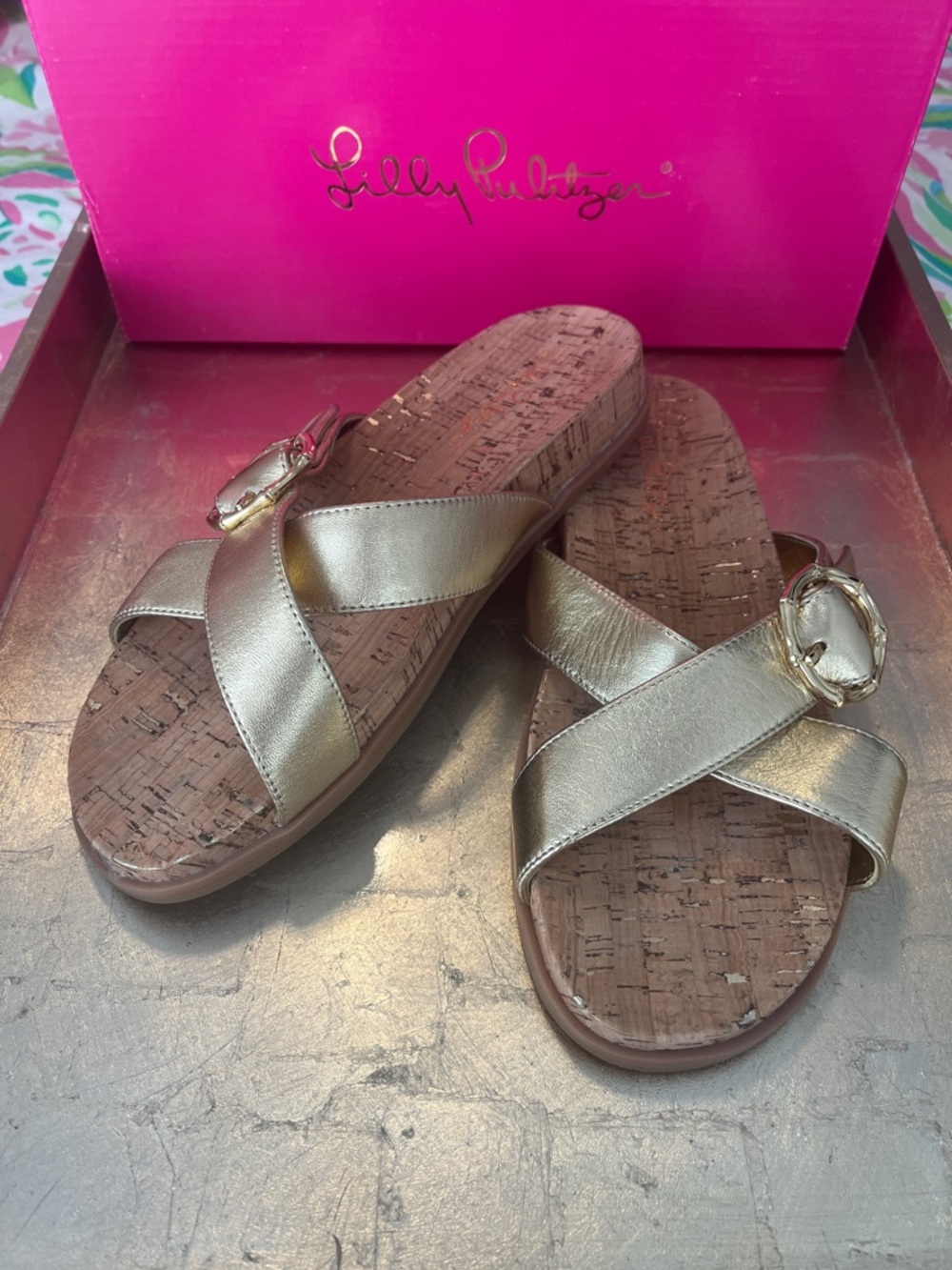 Lilly Pulitzer Metallic Gold Cork Cross-Strap Slide Sandals